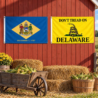 Delaware State Flag and Don't Tread on Delaware Flag 3x5 2-Pack displayed outdoors