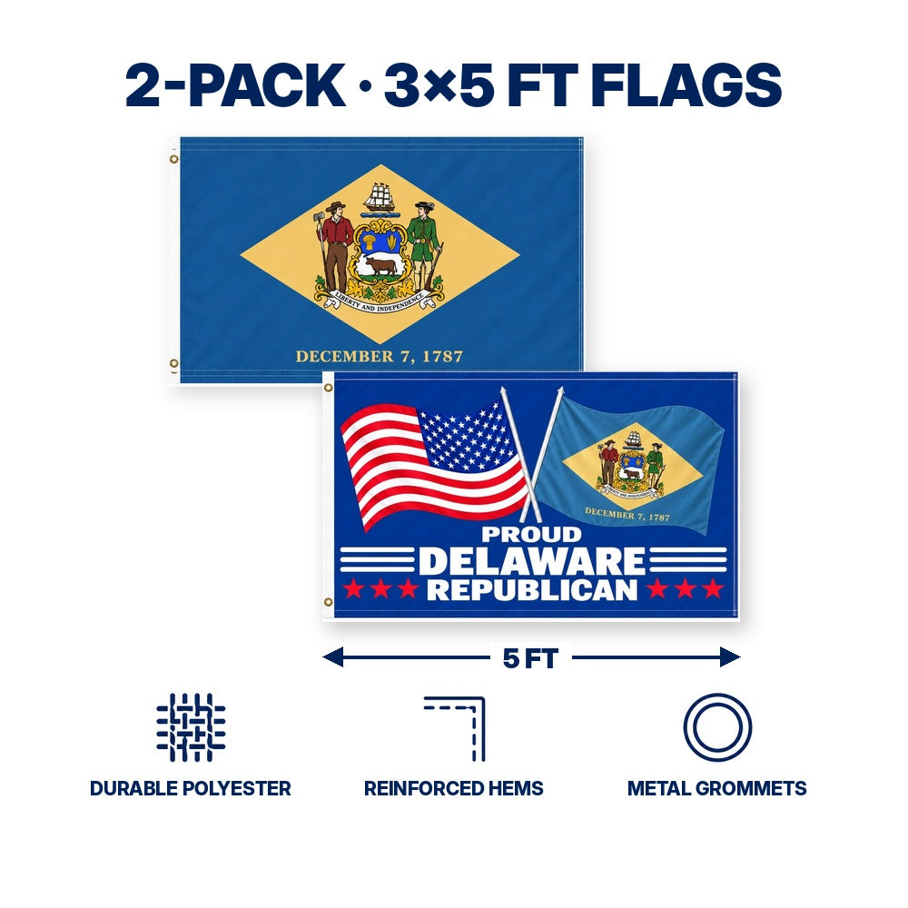 Delaware State Flag and Proud Delaware Republican Flag 3x5 2-Pack features and size details