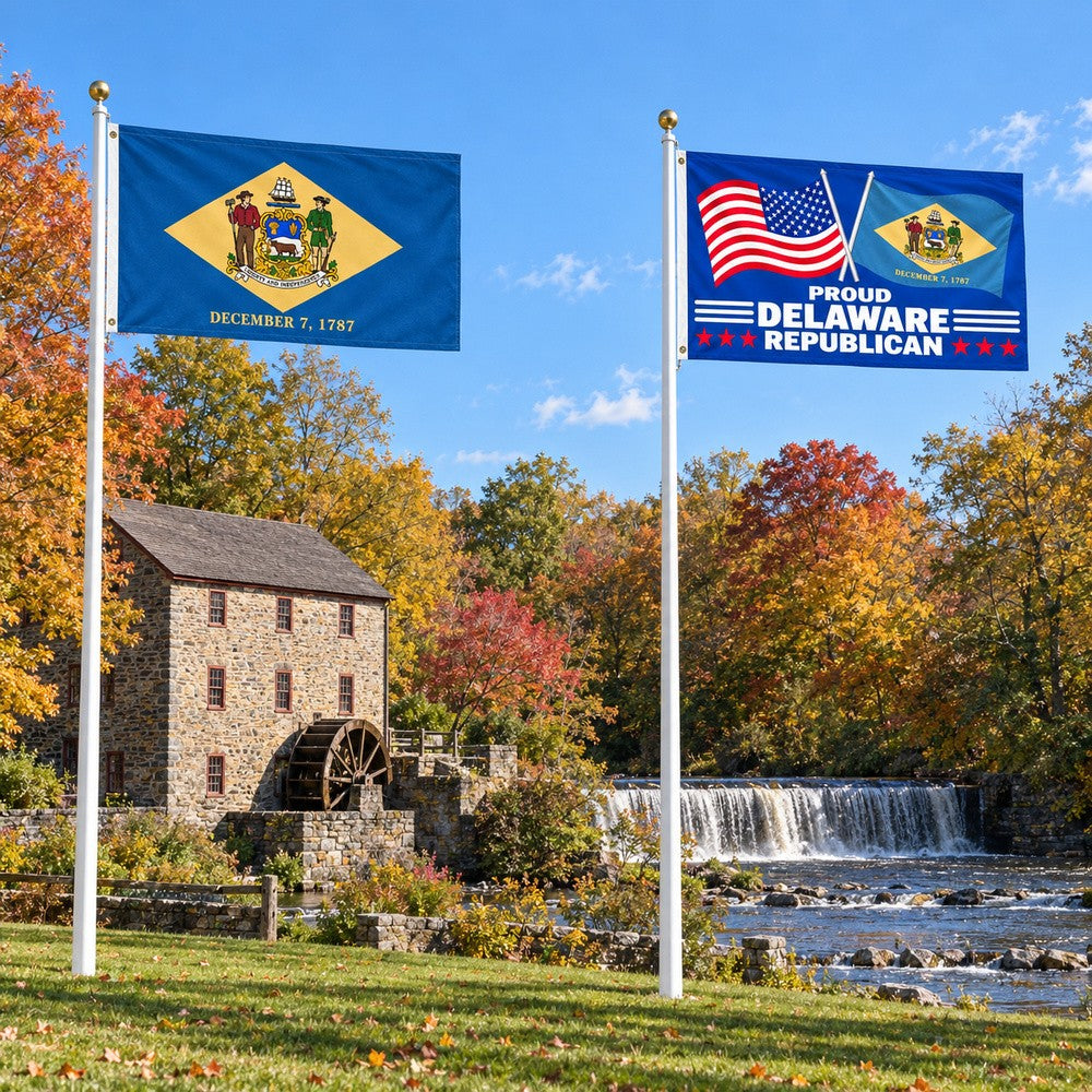 Delaware State Flag and Proud Delaware Republican Flag 3x5 2-Pack displayed outdoors