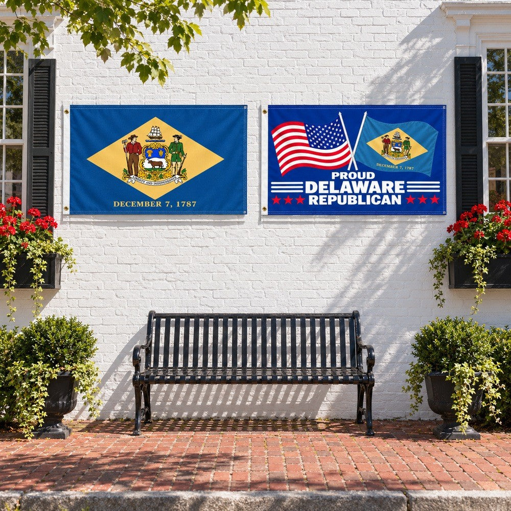 Delaware State Flag and Proud Delaware Republican Flag 3x5 2-Pack displayed outdoors