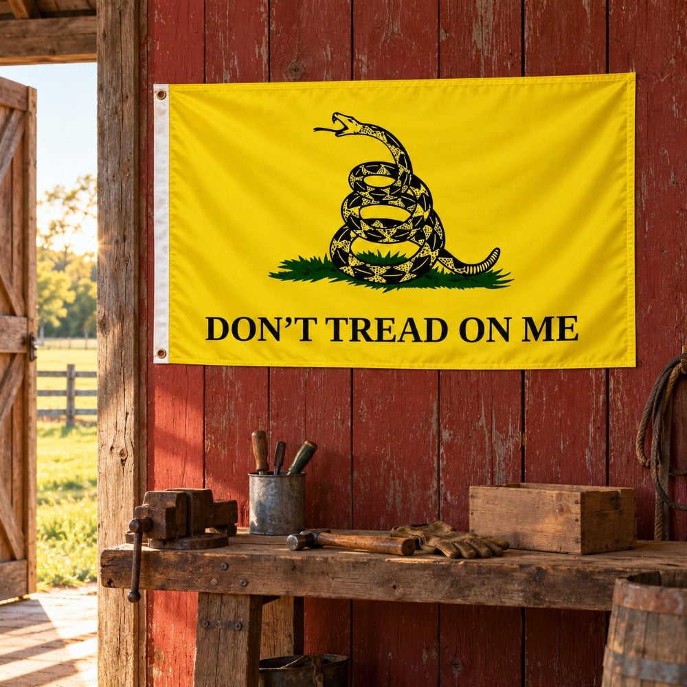 Don't Tread On Me Gadsden Flag 3x5 hung on a barn wall