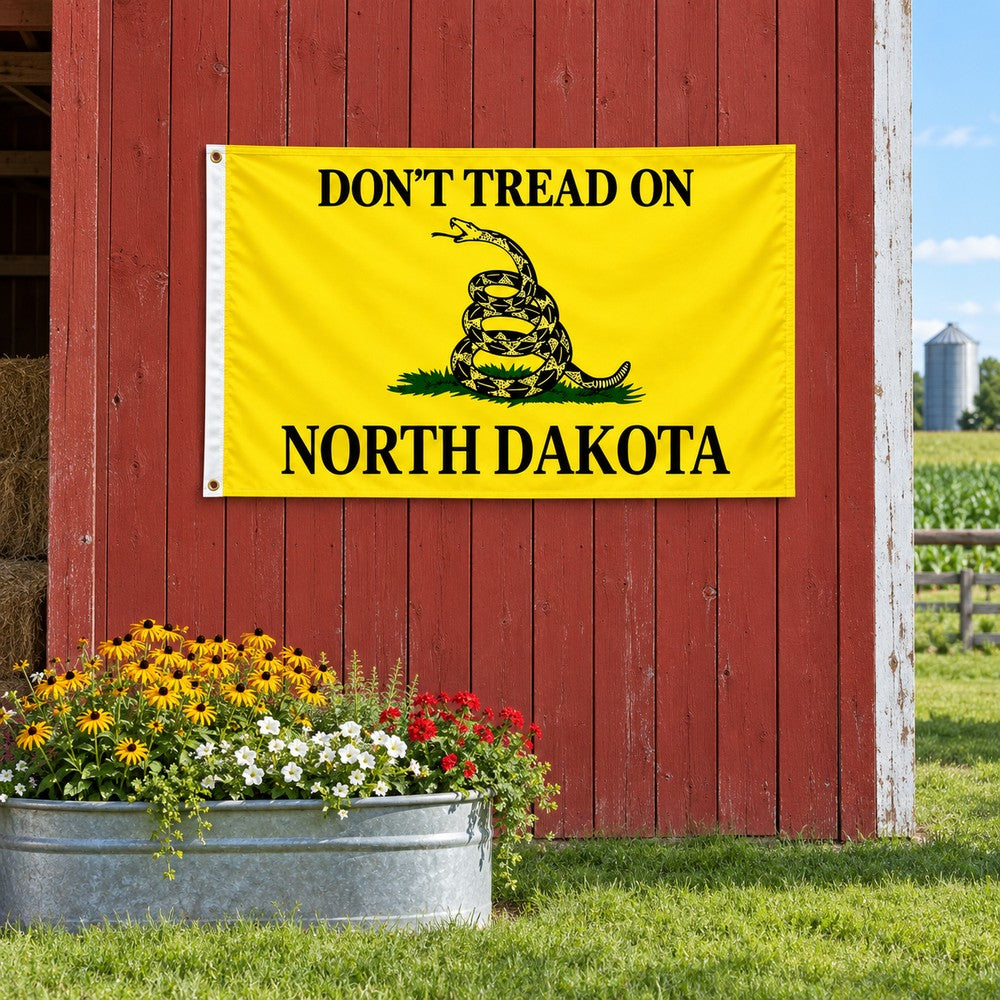 Don't Tread on North Dakota Flag 3x5 displayed outdoors