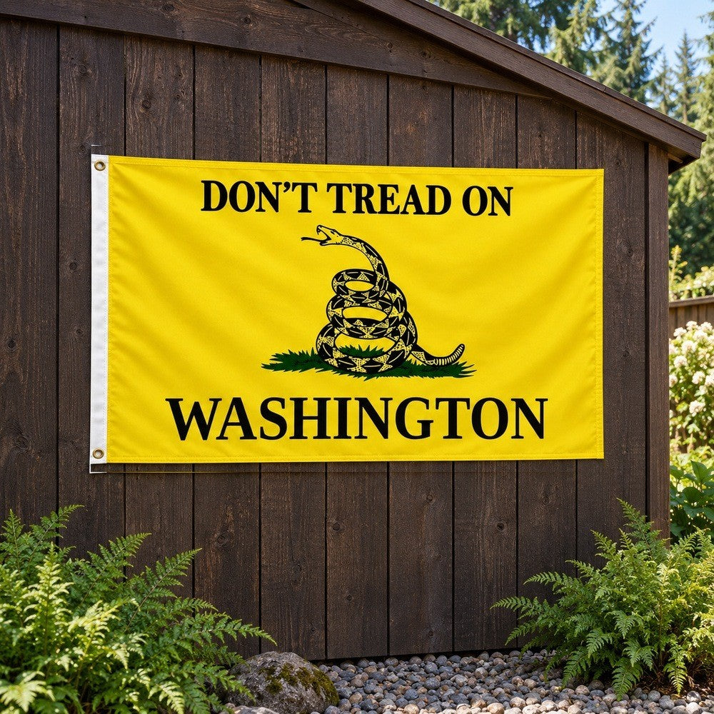 Don't Tread on Washington Flag 3x5 displayed outdoors