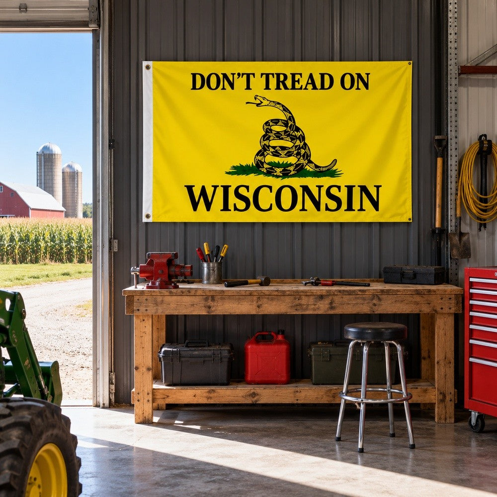 Don't Tread on Wisconsin Flag 3x5 displayed outdoors