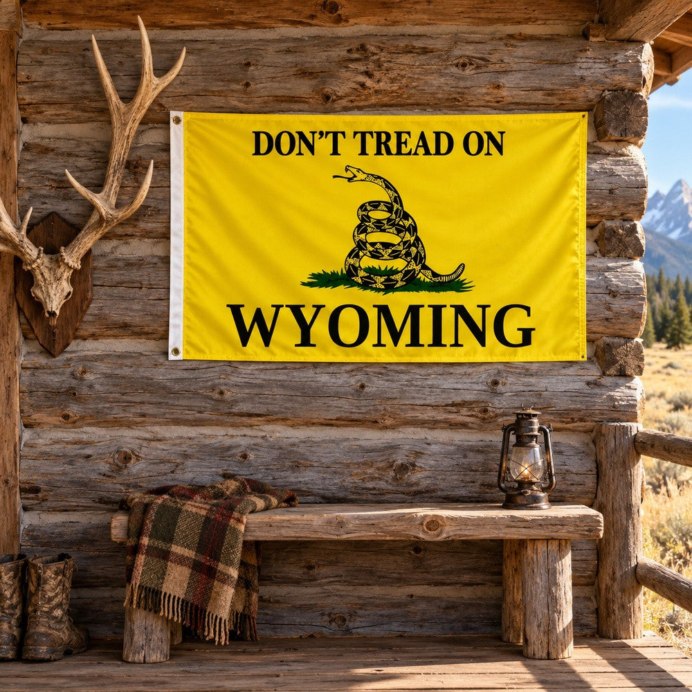 Don't Tread on Wyoming Flag 3x5 displayed outdoors