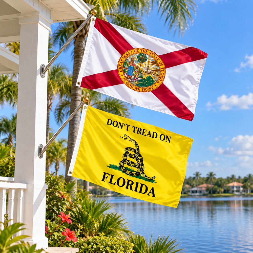 Florida State Flag and Don't Tread on Florida Flag 3x5 2-Pack displayed outdoors