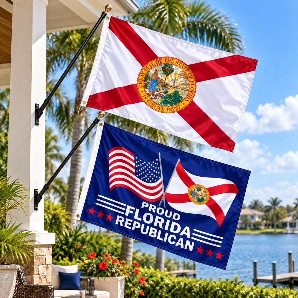Florida State Flag and Proud Florida Republican Flag 3x5 2-Pack displayed outdoors