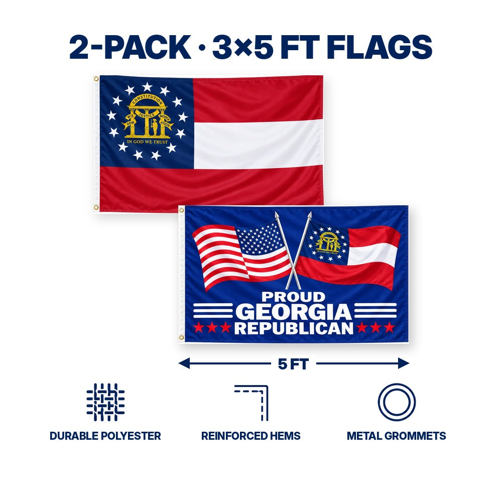 Georgia State Flag and Proud Georgia Republican Flag 3x5 2-Pack features and size details