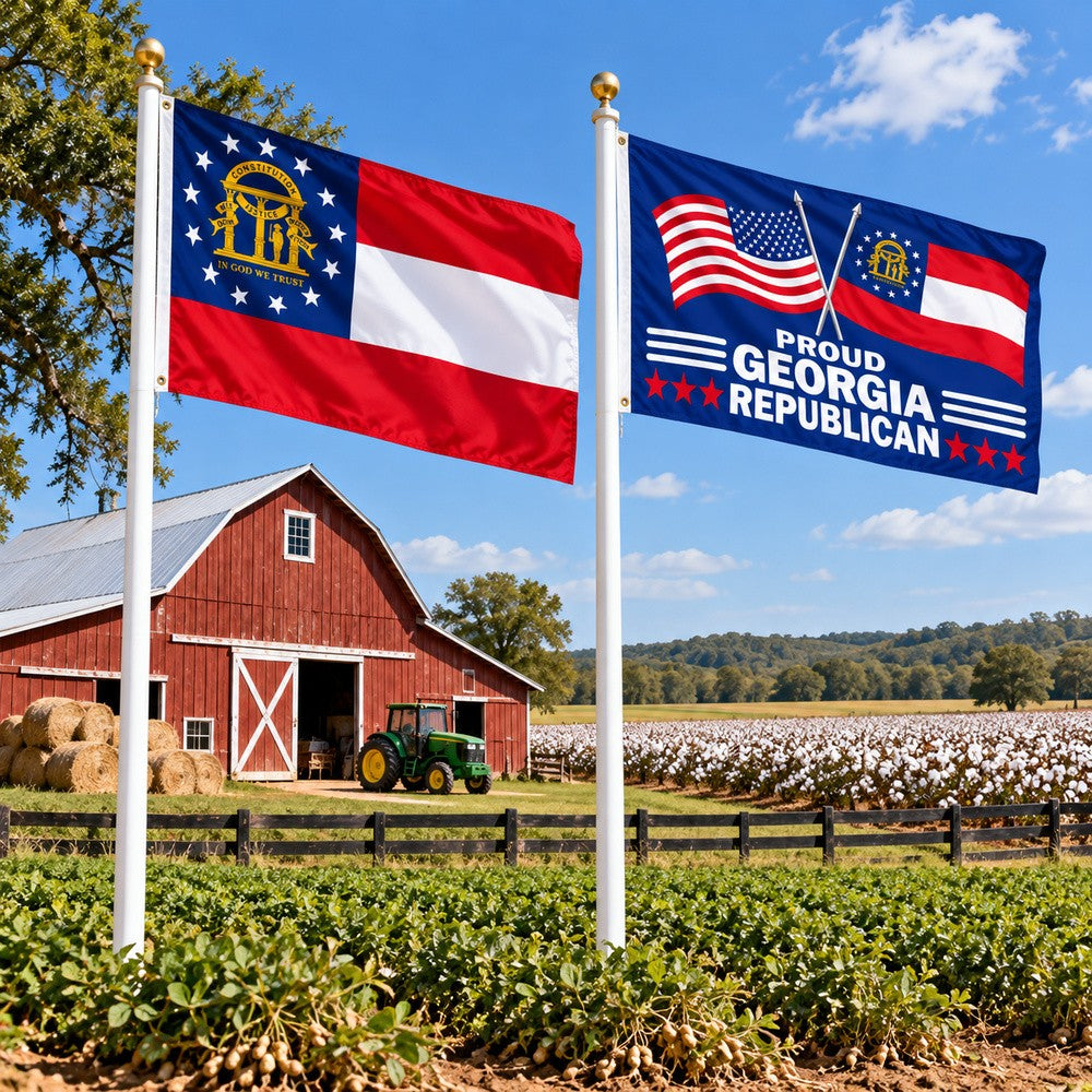 Georgia State Flag and Proud Georgia Republican Flag 3x5 2-Pack displayed outdoors