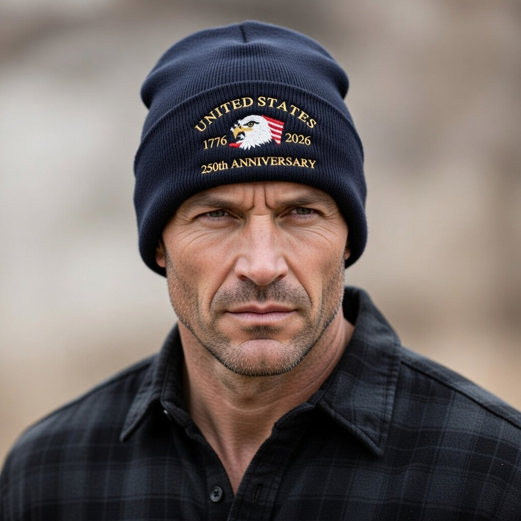 USA 250th Anniversary Beanie - 1776-2026 Patriotic Eagle Embroidered Knit Hat - America Semi Quincentennial Cuffed Beanie Navy Blue