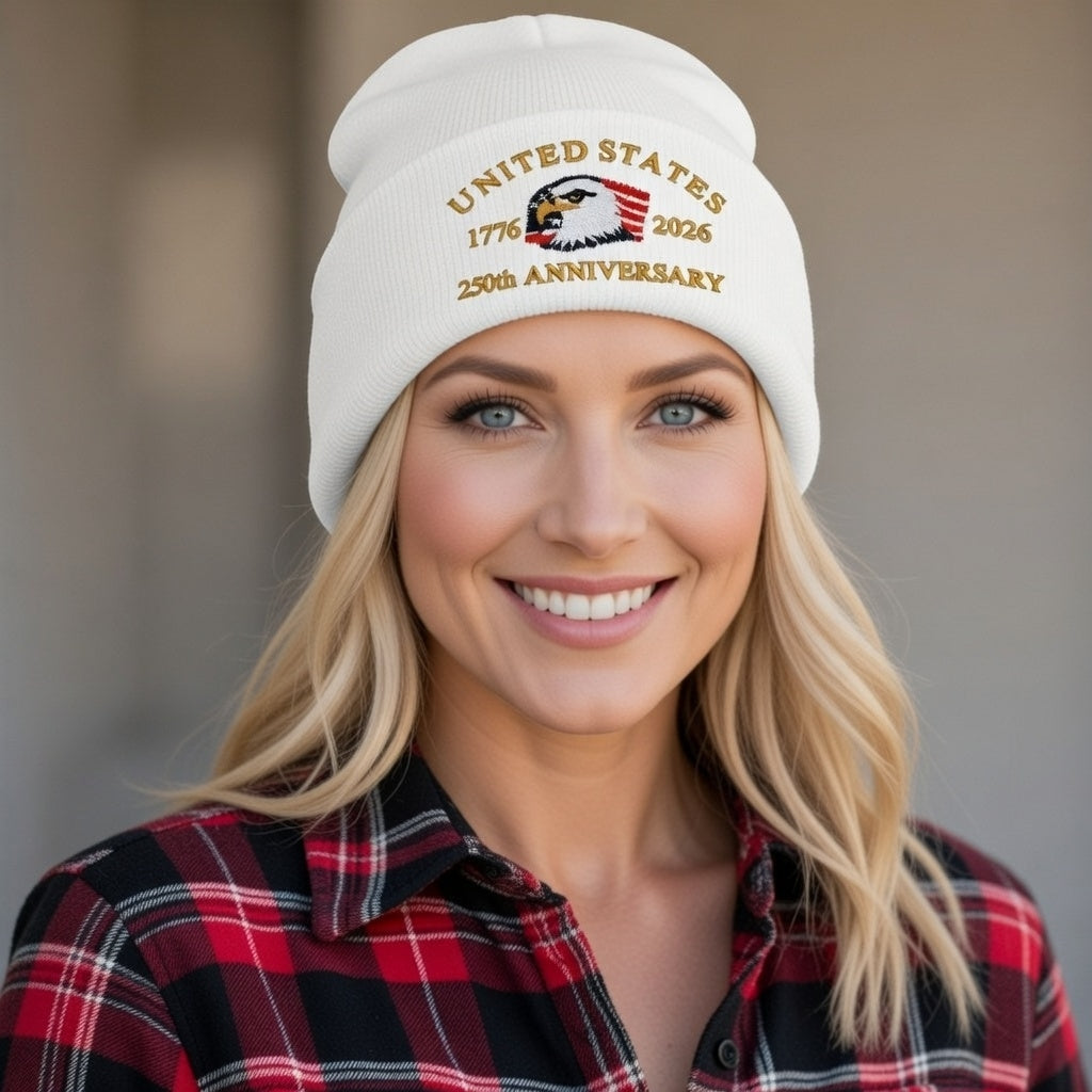 USA 250th Anniversary Beanie - 1776-2026 Patriotic Eagle Embroidered Knit Hat - America Semi Quincentennial Cuffed Beanie White