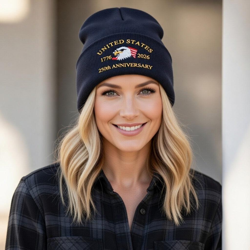 USA 250th Anniversary Beanie - 1776-2026 Patriotic Eagle Embroidered Knit Hat - America Semi Quincentennial Cuffed Beanie Navy Blue