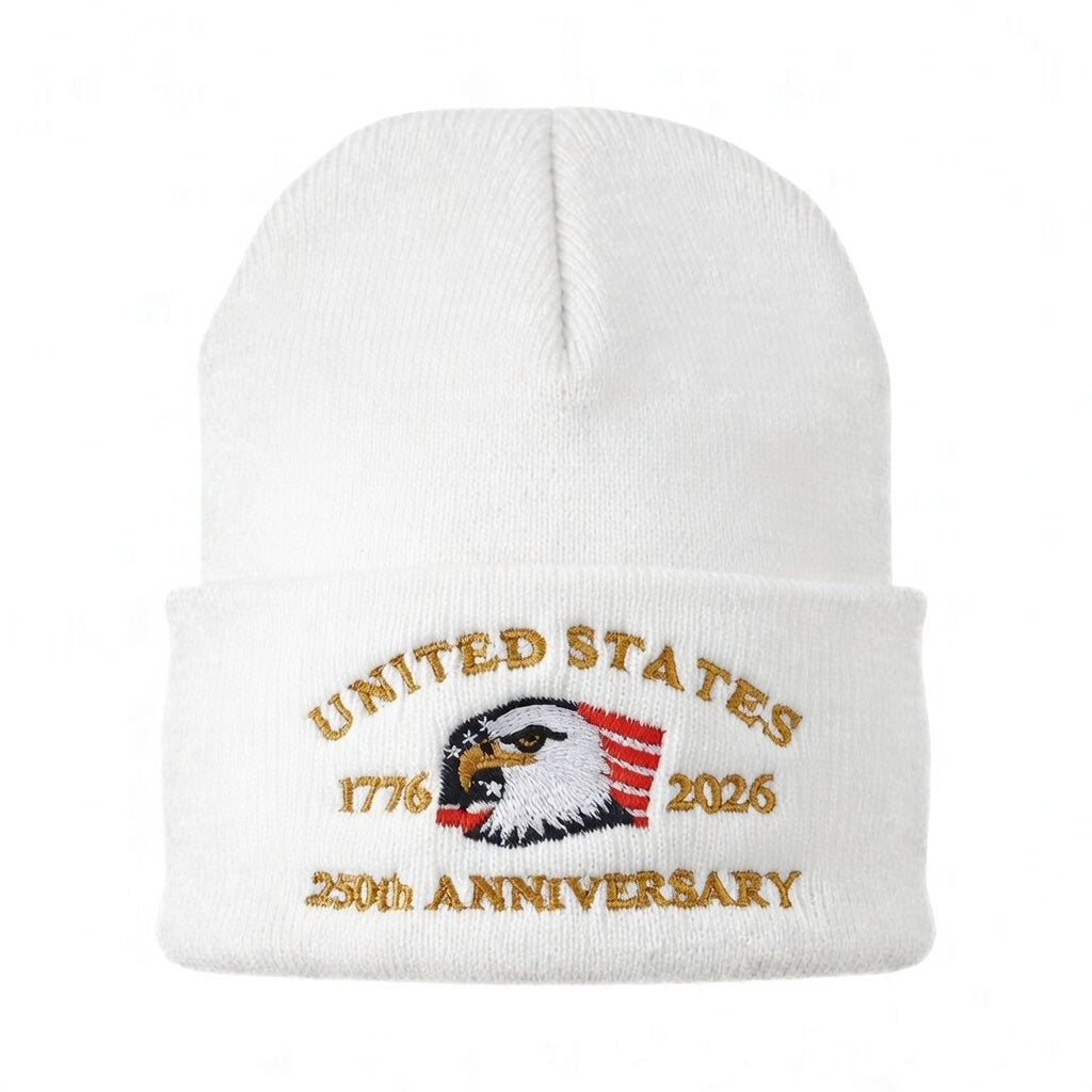 USA 250th Anniversary Beanie - 1776-2026 Patriotic Eagle Embroidered Knit Hat - America Semi Quincentennial Cuffed Beanie White