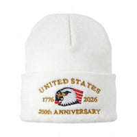 USA 250th Anniversary Beanie - 1776-2026 Patriotic Eagle Embroidered Knit Hat - America Semi Quincentennial Cuffed Beanie White