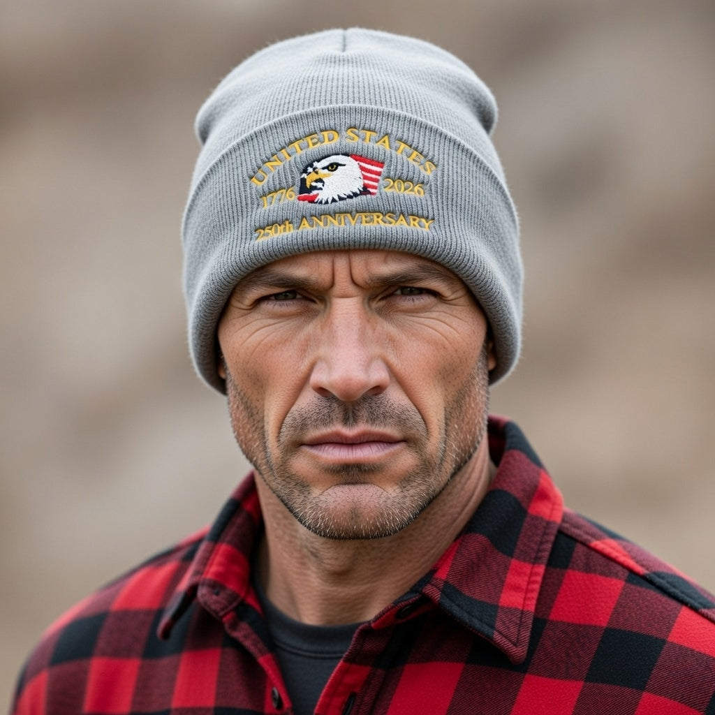 USA 250th Anniversary Beanie - 1776-2026 Patriotic Eagle Embroidered Knit Hat - America Semi Quincentennial Cuffed Beanie Gray