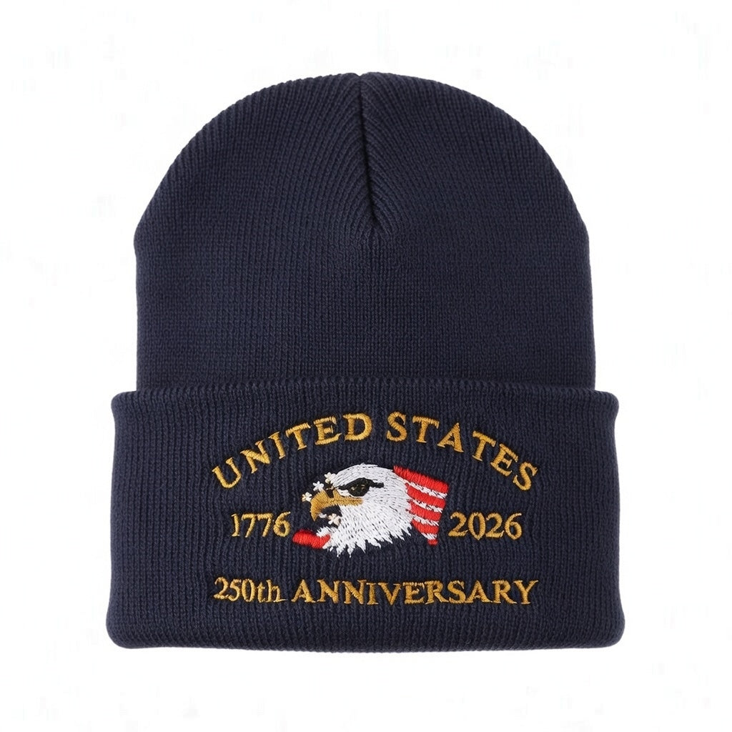 USA 250th Anniversary Beanie - 1776-2026 Patriotic Eagle Embroidered Knit Hat - America Semi Quincentennial Cuffed Beanie Navy Blue