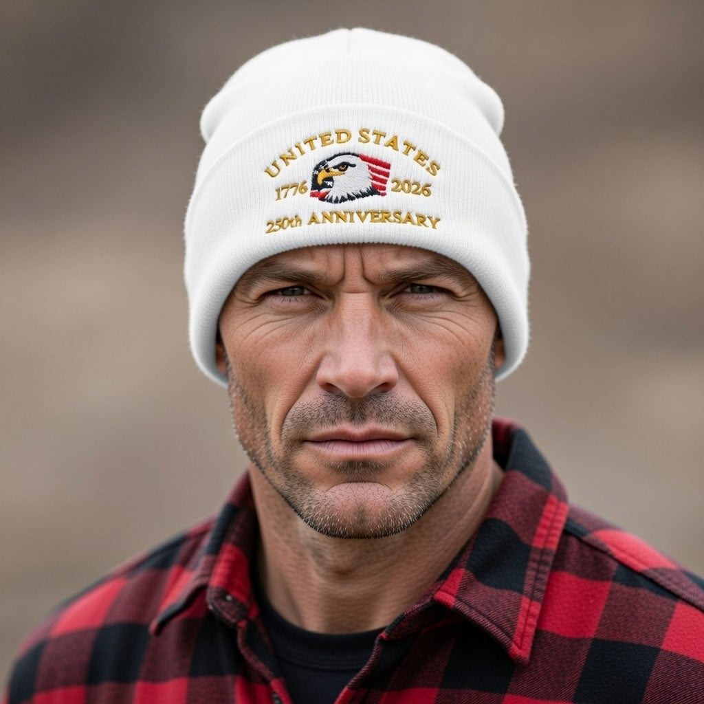 USA 250th Anniversary Beanie - 1776-2026 Patriotic Eagle Embroidered Knit Hat - America Semi Quincentennial Cuffed Beanie White