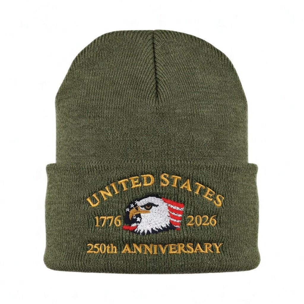 USA 250th Anniversary Beanie - 1776-2026 Patriotic Eagle Embroidered Knit Hat - America Semi Quincentennial Cuffed Beanie Army Green