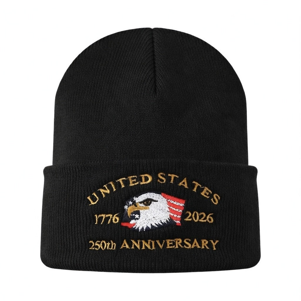 USA 250th Anniversary Beanie - 1776-2026 Patriotic Eagle Embroidered Knit Hat - America Semiquincentennial Cuffed Beanie Black