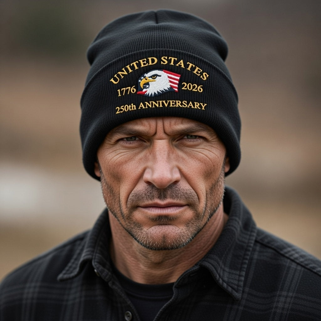 USA 250th Anniversary Beanie - 1776-2026 Patriotic Eagle Embroidered Knit Hat - America Semiquincentennial Cuffed Beanie Black