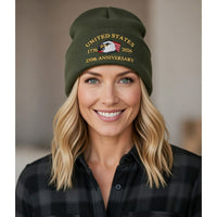 USA 250th Anniversary Beanie - 1776-2026 Patriotic Eagle Embroidered Knit Hat - America Semi Quincentennial Cuffed Beanie Army Green