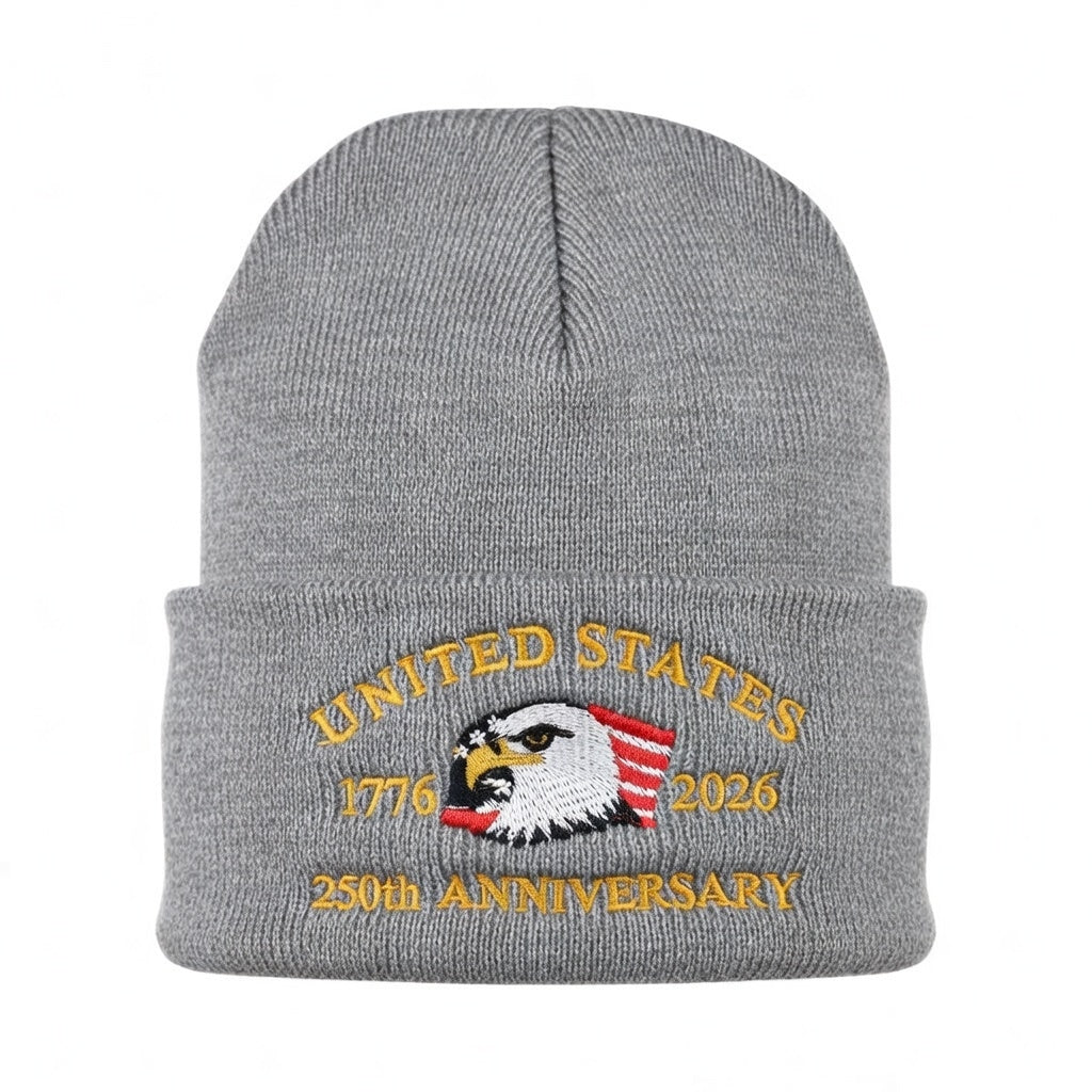 USA 250th Anniversary Beanie - 1776-2026 Patriotic Eagle Embroidered Knit Hat - America Semi Quincentennial Cuffed Beanie Gray