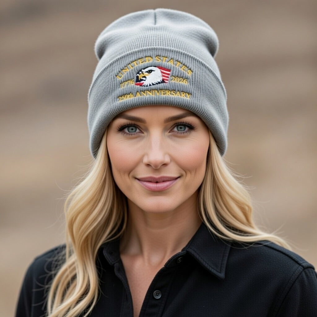 USA 250th Anniversary Beanie - 1776-2026 Patriotic Eagle Embroidered Knit Hat - America Semi Quincentennial Cuffed Beanie Gray