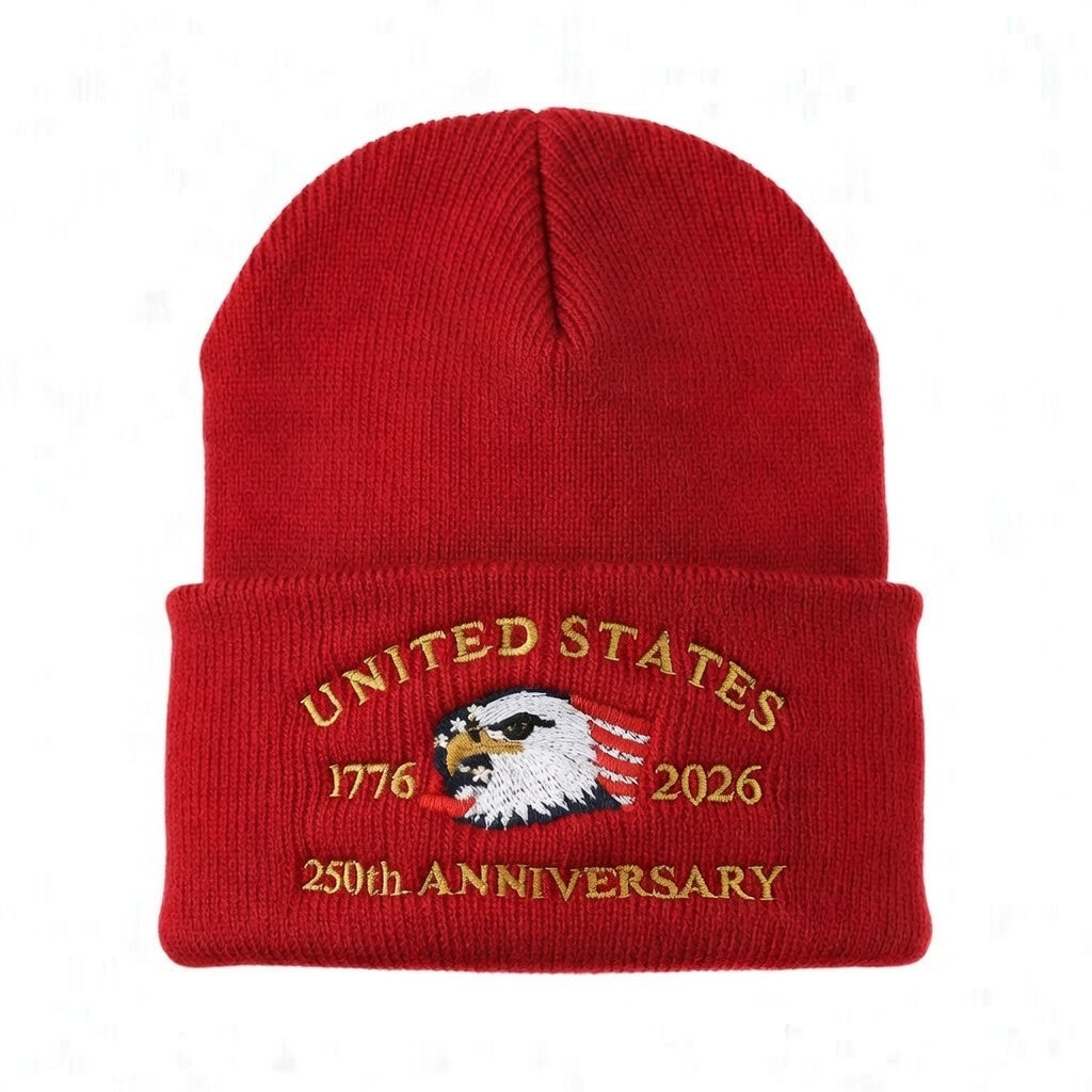 USA 250th Anniversary Beanie - 1776-2026 Patriotic Eagle Embroidered Knit Hat - America Semi Quincentennial Cuffed Beanie Burgundy