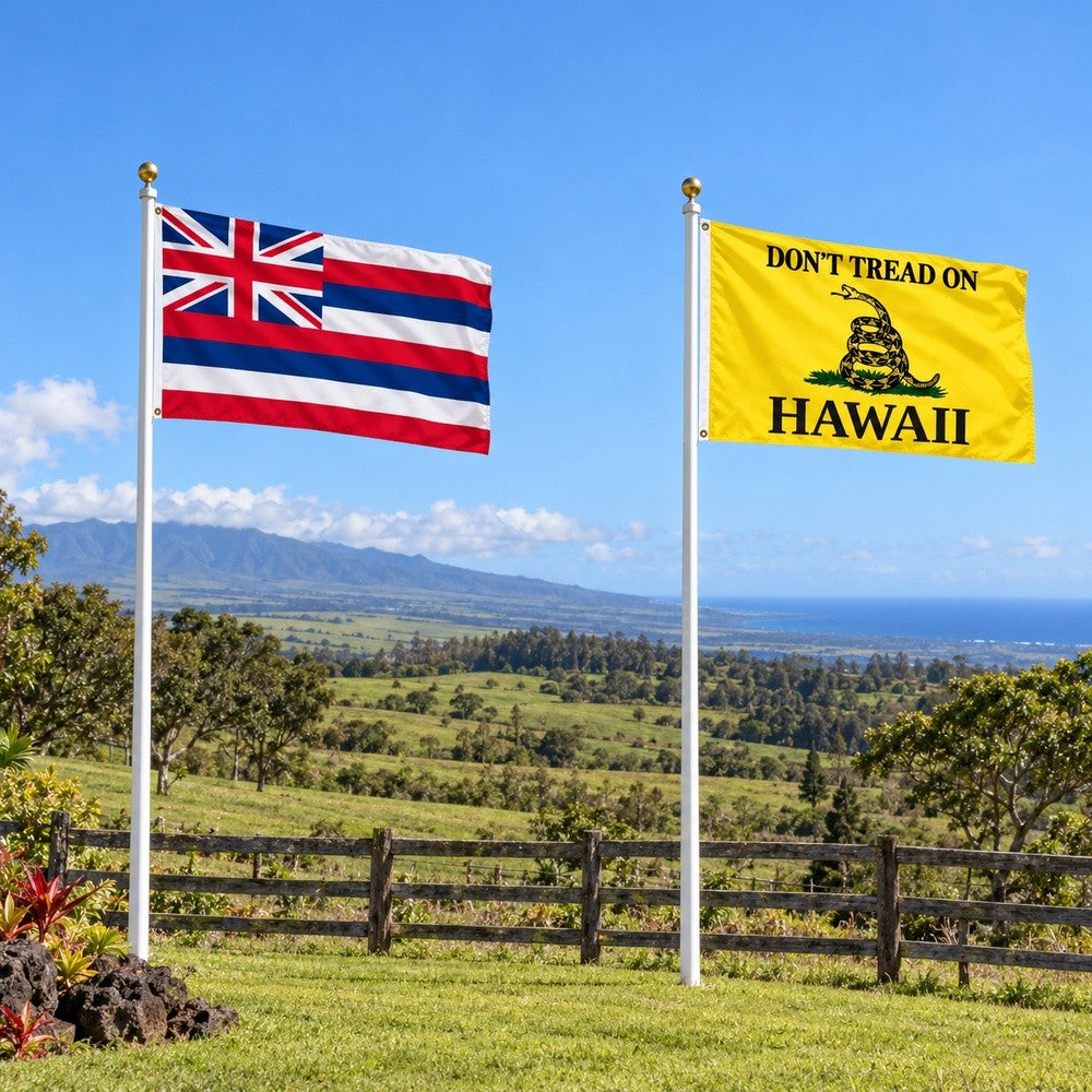 Hawaii State Flag and Don't Tread on Hawaii Flag 3x5 2-Pack displayed outdoors