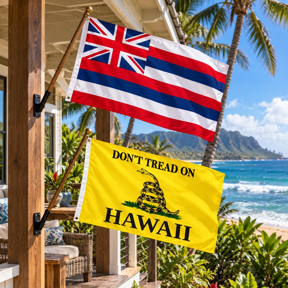 Hawaii State Flag and Don't Tread on Hawaii Flag 3x5 2-Pack displayed outdoors