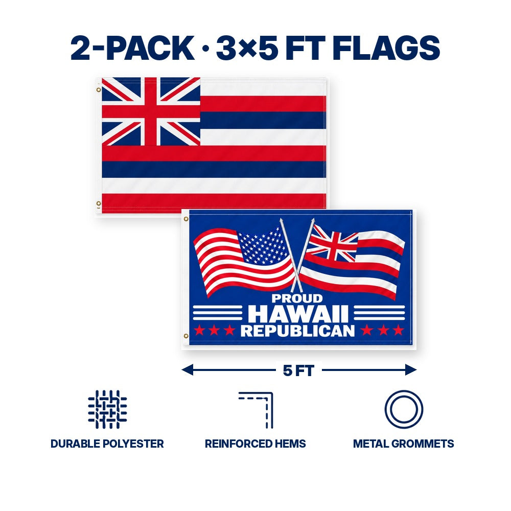 Hawaii State Flag and Proud Hawaii Republican Flag 3x5 2-Pack features and size details