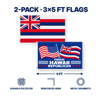 Hawaii State Flag and Proud Hawaii Republican Flag 3x5 2-Pack features and size details