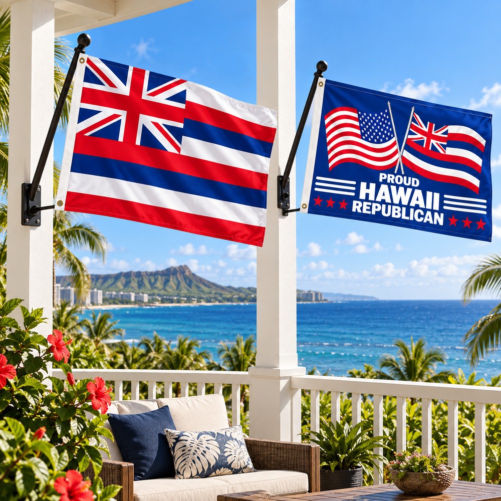 Hawaii State Flag and Proud Hawaii Republican Flag 3x5 2-Pack displayed outdoors