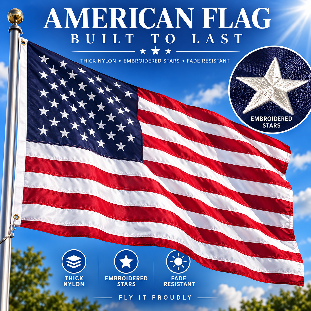 Heavy Duty American Flag 3x5 with Embroidered Stars and Sewn Stripes features and size details