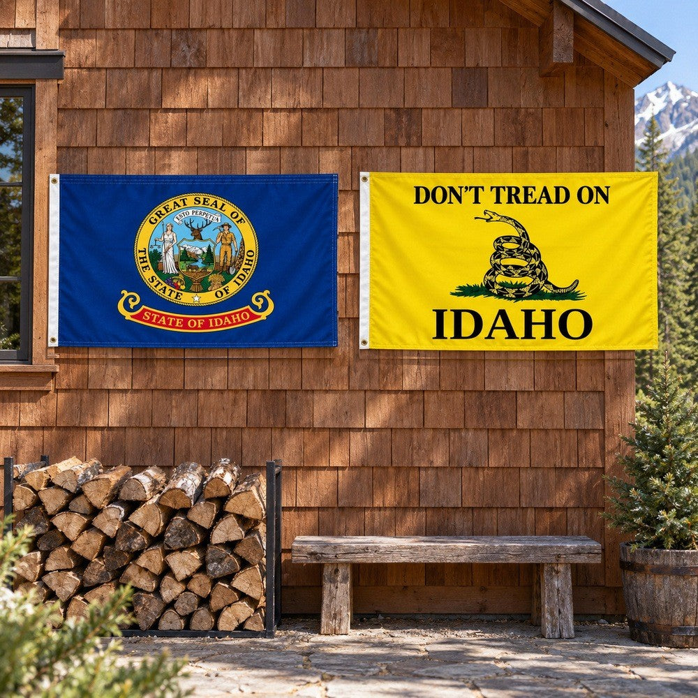 Idaho State Flag and Don't Tread on Idaho Flag 3x5 2-Pack displayed outdoors