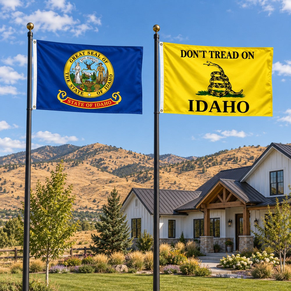 Idaho State Flag and Don't Tread on Idaho Flag 3x5 2-Pack displayed outdoors