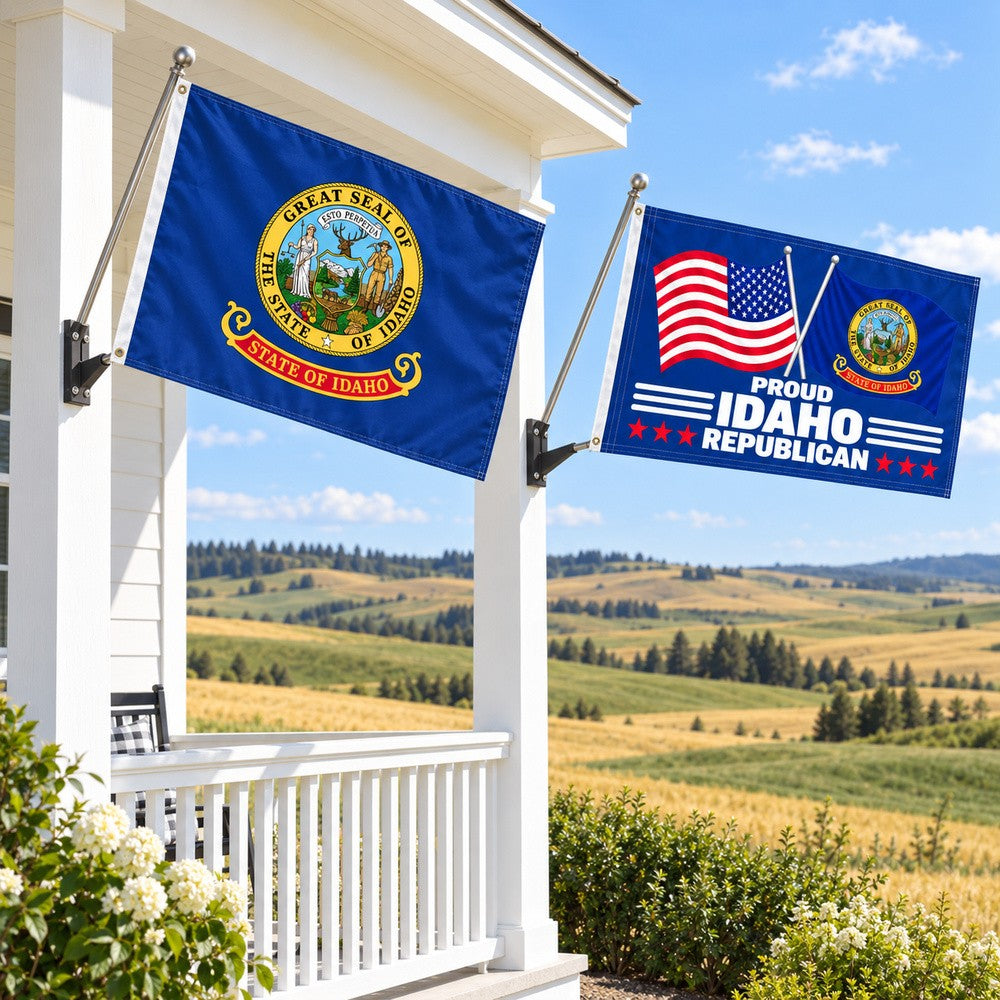 Idaho State Flag and Proud Idaho Republican Flag 3x5 2-Pack displayed outdoors