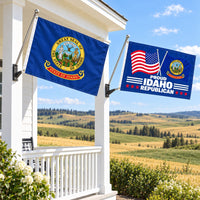Idaho State Flag and Proud Idaho Republican Flag 3x5 2-Pack displayed outdoors