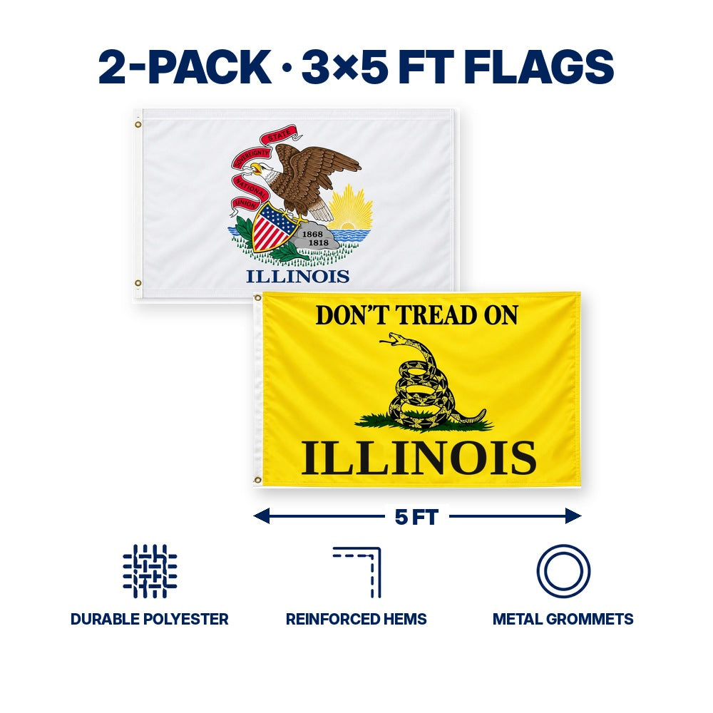 Illinois State Flag and Don't Tread on Illinois Flag 3x5 2-Pack features and size details