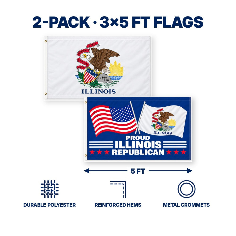 Illinois State Flag and Proud Illinois Republican Flag 3x5 2-Pack features and size details