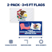 Illinois State Flag and Proud Illinois Republican Flag 3x5 2-Pack features and size details