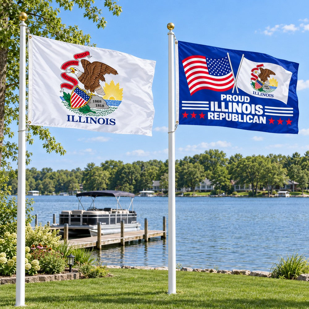 Illinois State Flag and Proud Illinois Republican Flag 3x5 2-Pack displayed outdoors