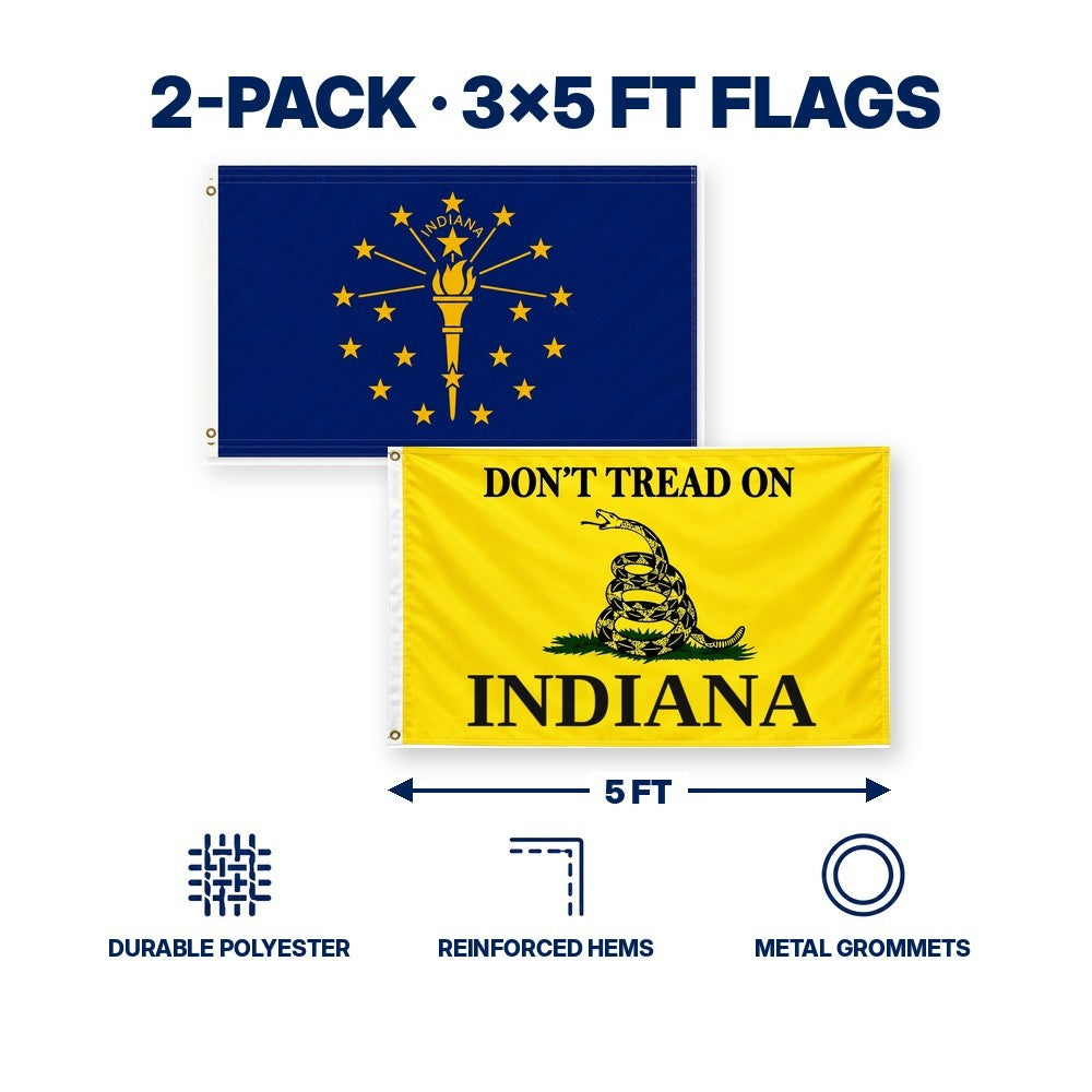 Indiana State Flag and Don't Tread on Indiana Flag 3x5 2-Pack features and size details