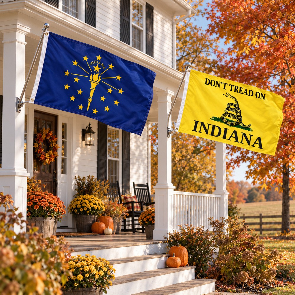 Indiana State Flag and Don't Tread on Indiana Flag 3x5 2-Pack displayed outdoors