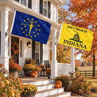 Indiana State Flag and Don't Tread on Indiana Flag 3x5 2-Pack displayed outdoors
