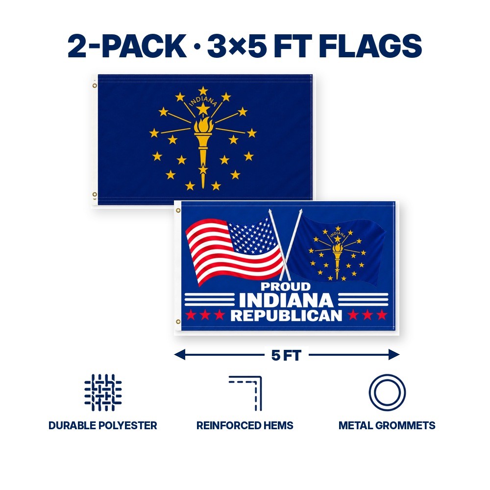 Indiana State Flag and Proud Indiana Republican Flag 3x5 2-Pack features and size details