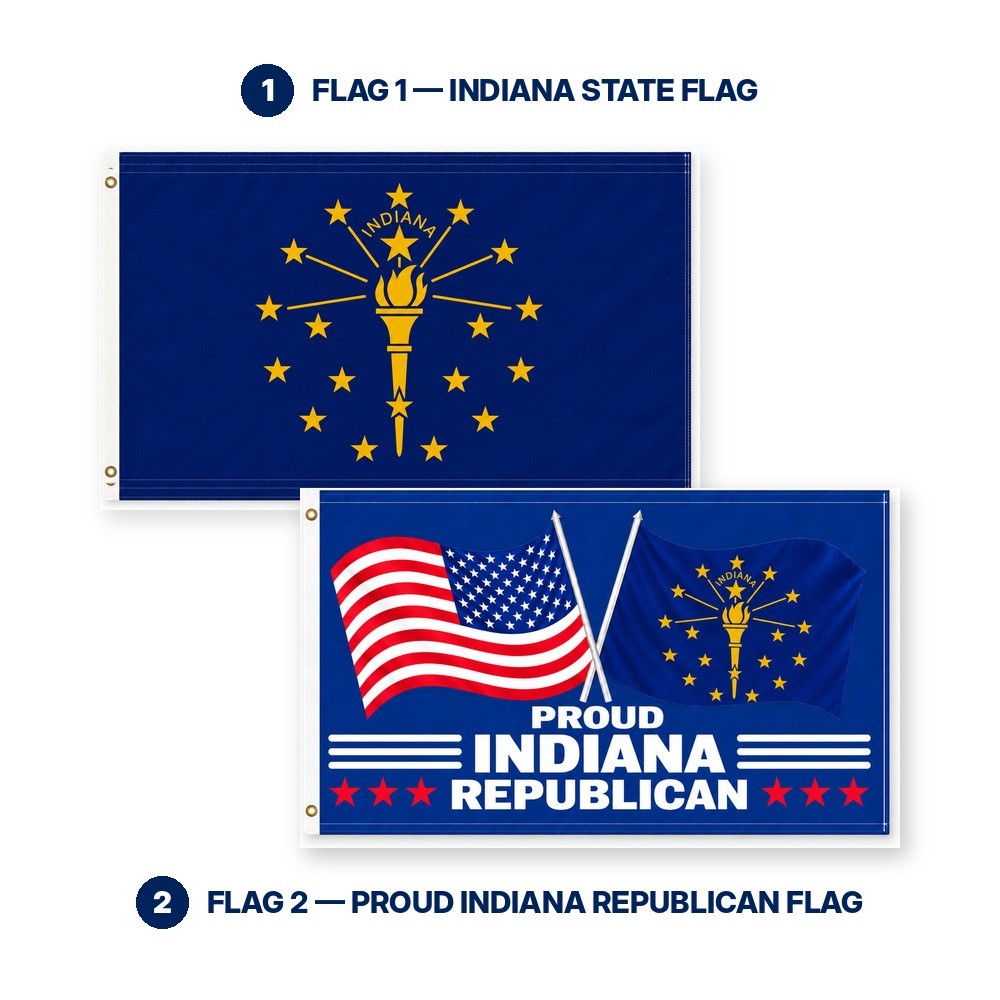 Indiana State Flag and Proud Indiana Republican Flag 3x5 2-Pack features and size details