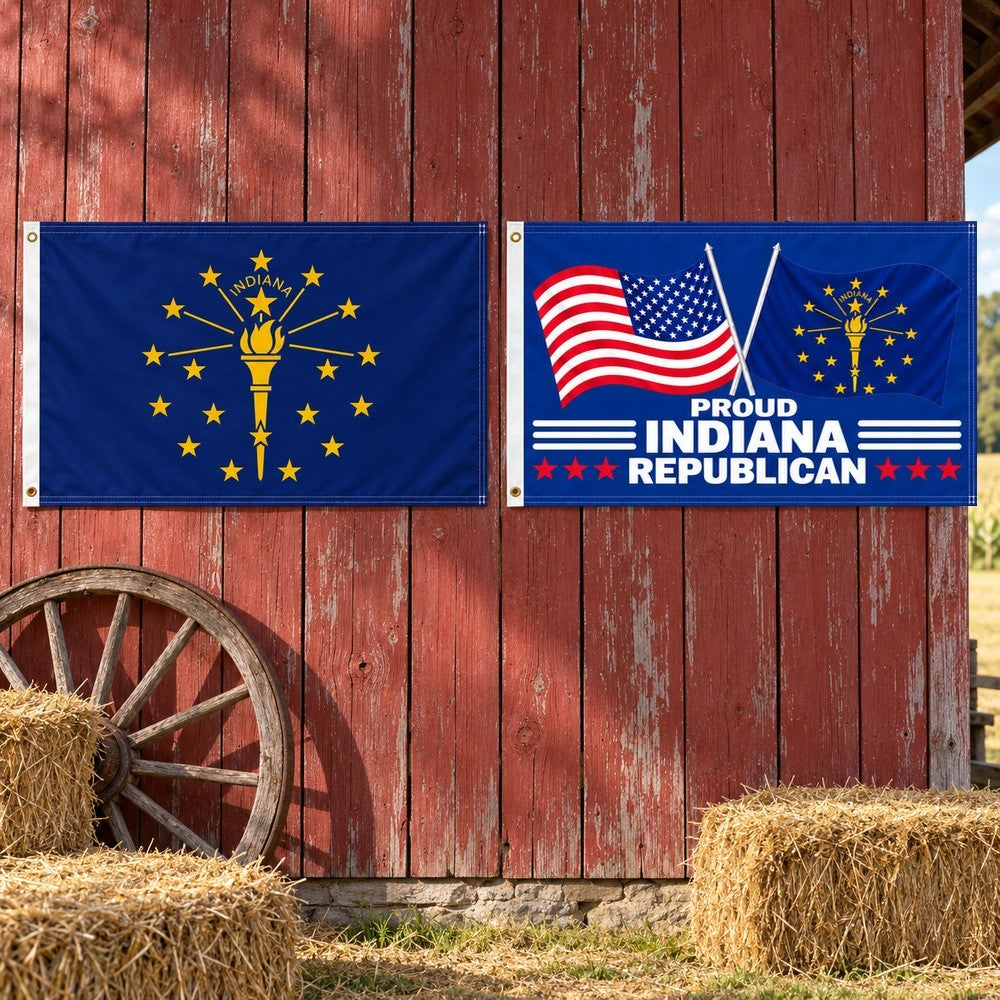 Indiana State Flag and Proud Indiana Republican Flag 3x5 2-Pack displayed outdoors