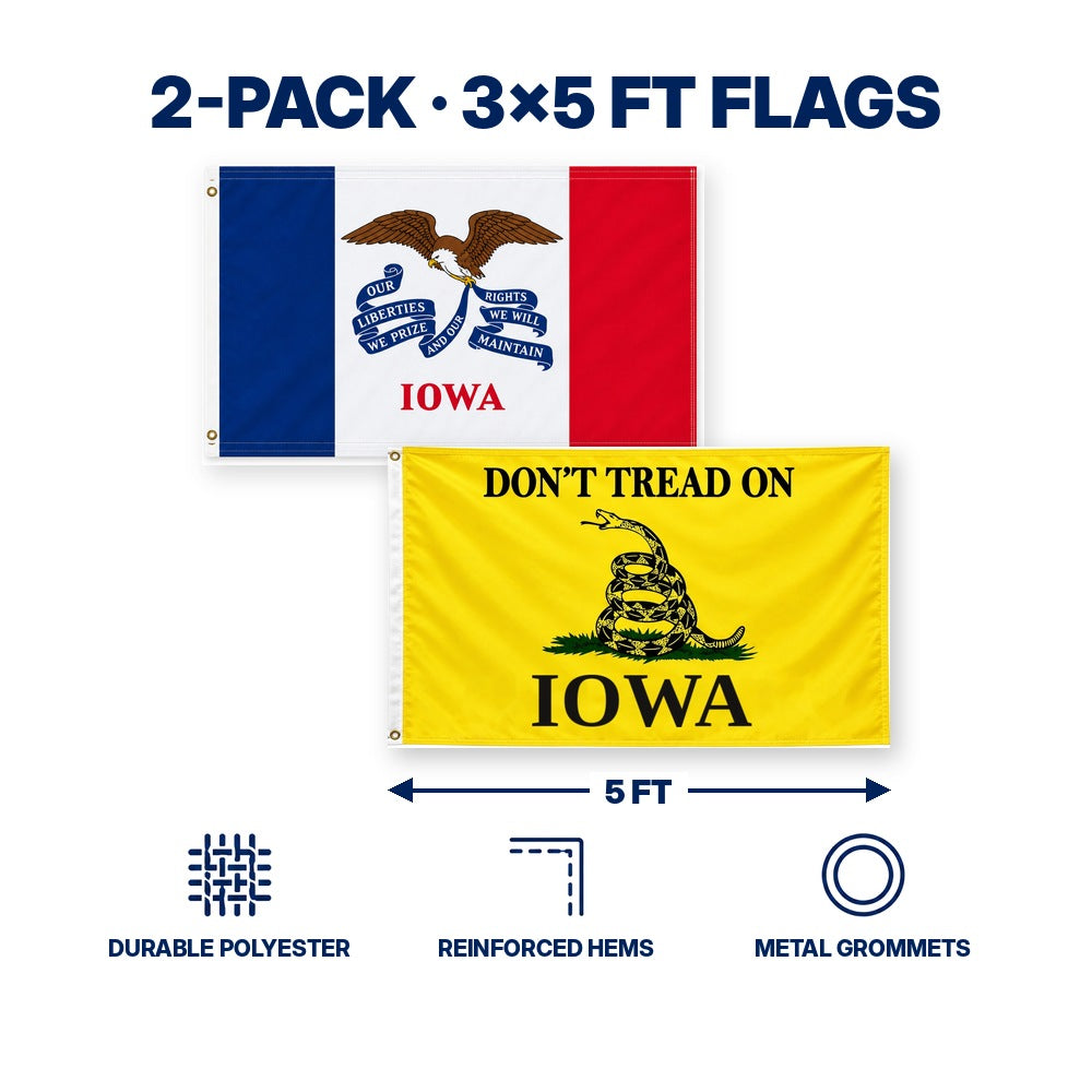 Iowa State Flag and Don't Tread on Iowa Flag 3x5 2-Pack features and size details