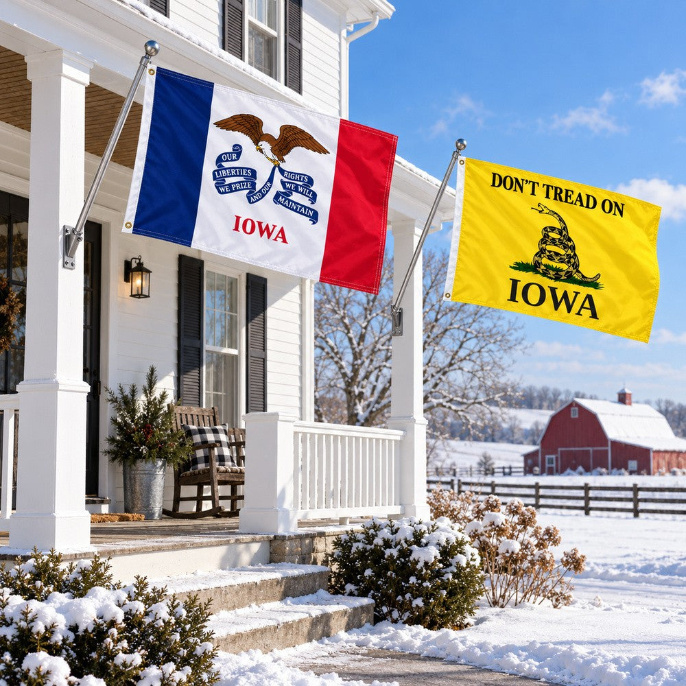 Iowa State Flag and Don't Tread on Iowa Flag 3x5 2-Pack displayed outdoors